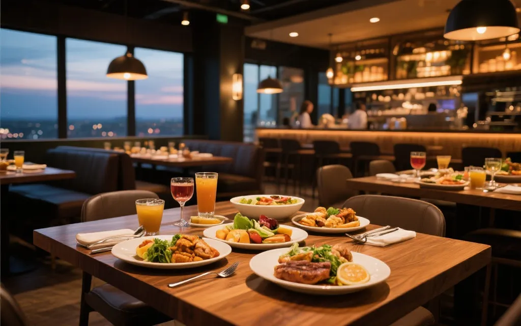 餐饮门店内观赛氛围与套餐摆盘，强调菜单结构与高峰运营